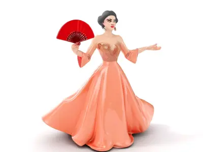 Elegant Lady in Peach Gown Rigged and Animated Character Model Low-poly 3D model