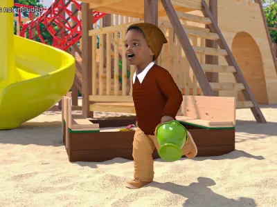  Black Skinned Toddler Boy in Sandpit Rigged 