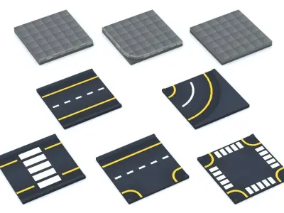Cartoon Low Poly Modular Road City Floor Pack Low-poly 3D model
