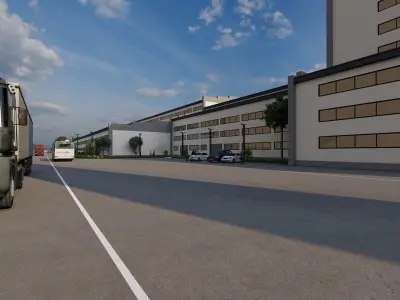 indutrials factory with smokestacks under cloudy sky 3D model