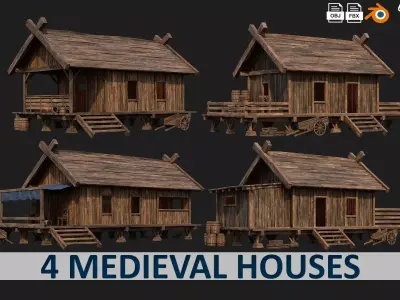 4 Old Building House Pack 4K Texture GameReady 69 to 72 Low-poly 3D model