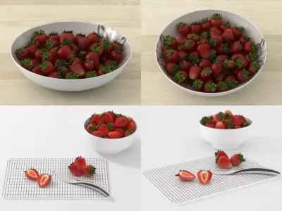 Strawberries on cutting board with knife and fork 3D model