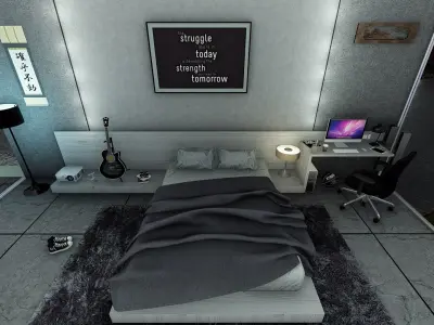 Modern Gray Minimalis Bedroom Design 3D model