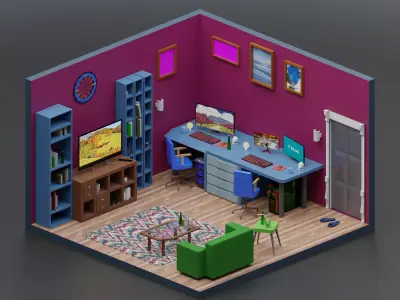 house room with desk and chairs 3D model