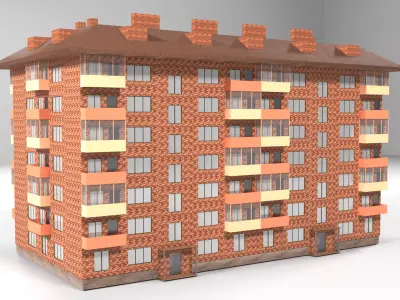 Red brick city building  Low-poly 3D model