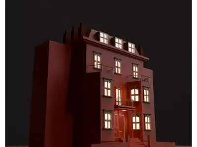Stylized Red Townhouse Animation Ready Low Poly 3D Building Low-poly 3D model
