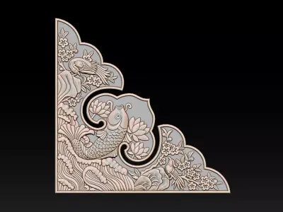 Oriental Koi Fish Corner Relief 3D print model