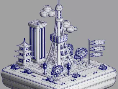 Isometric Tokyo Tower Cartoon City Low-poly 3D model