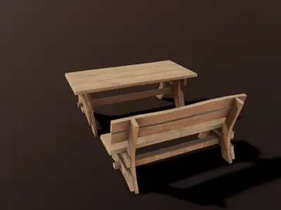 Outdoor table and bench low poly Low-poly 3D model