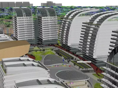 Modern Office Campus with Glass Towers and Central Plaza 3D model