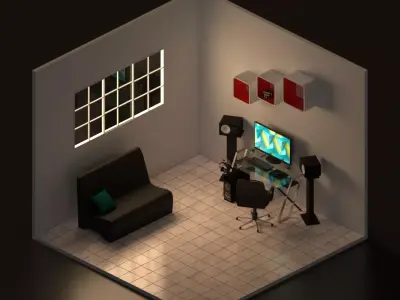 Isometric Office Workspace with PC and Accessories 3D model