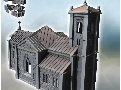 Modern Christian church with steeple stained glass windows and z 3D print model