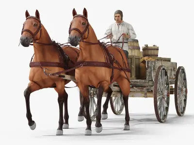  Medieval Peasant with Wagon and Horses 