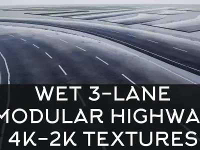 PBR 4K-2K Three-Lane Wet Modular Highway Roads Low-poly 3D model