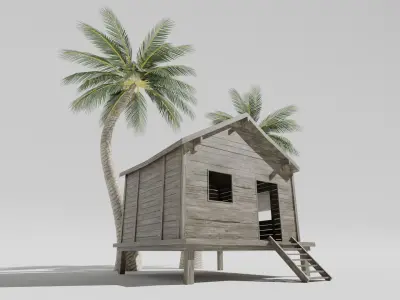 Beach Cottage House with Palm Tree Low-poly 3D model