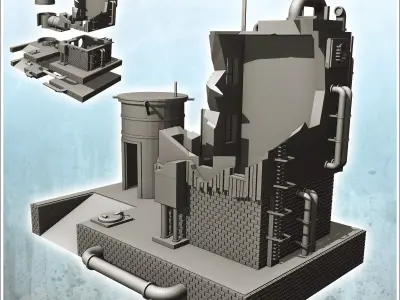 Brick industrial plant on platform with auxiliary tank and pipes 3D print model