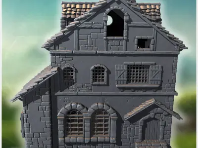 Square medieval house with symmetrical windows wooden shutters a 3D print model