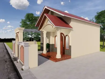 Simple House Design Fence  and Mini Garden and fish pool 3D model