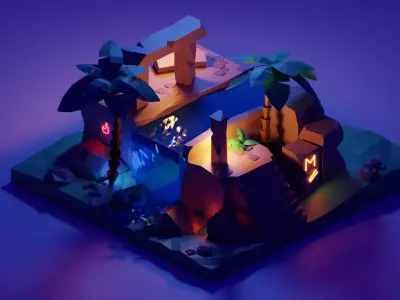 Ruins island with lights and palm trees Low-poly 3D model