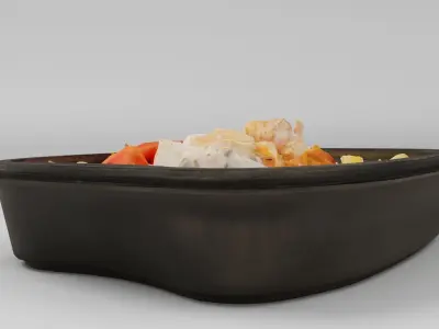 Poke bowl lunch box with fried potatoes chips chicken pepper 3D model
