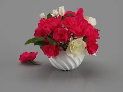 Bouquet of bright pink and white roses in a vase 3D model