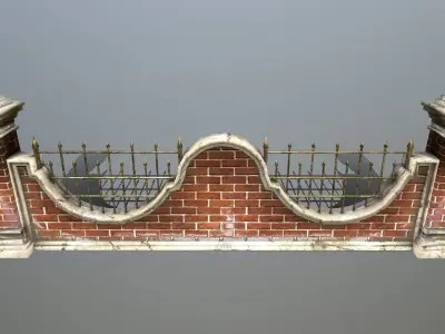 wall set brick with iron railings Low-poly 3D model
