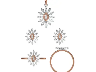 Light Minimalist Diamond Ring Earrings Pendant Set 3D print model 6