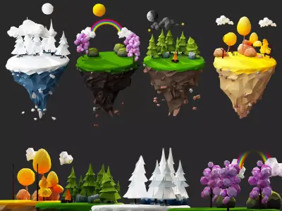 Floating Islands winter summer Spring Autumn Low-poly 3D model Low-poly 3D model