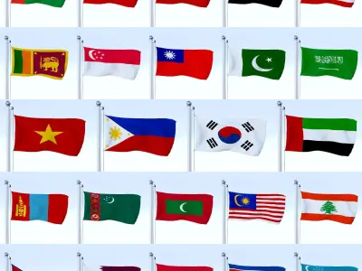 All Asian Flag Pack Low-poly 3D model