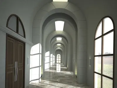 corridor hallway with arches and doors Low-poly 3D model