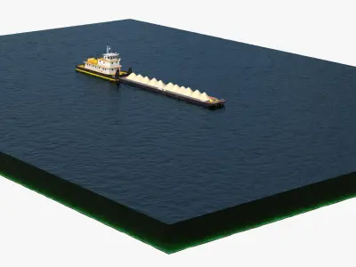  Tugboat Transported Hopper Barge with Sand on Water 