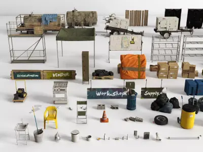  Survival Camp Props Pack Junkyard Military Workshop Assets Low-poly 3D model