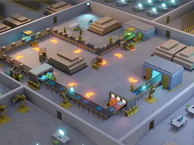 Sci fi factory with conveyor line and robotic arms  animation Low-poly 3D model
