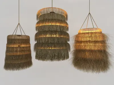 Three types of rattan and bamboo pendant lights 3D model