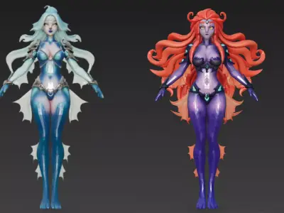 Female Fish Creature Pack 3D Models Low-poly 3D model