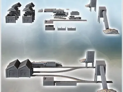 Industrial railway complex with sheds for trains locomotives and 3D print model
