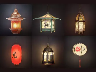 6 AsianLantern copper lantern hanging 3D Model Pack