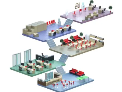 Isometric low-poly office interior floor plan Low-poly 3D model