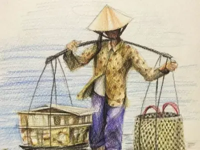 Working-table desk with two pots and planter 3D model