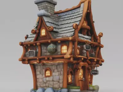 Fantasy Cottage 3D Whimsical Wooden House Stone Low-poly 3D model