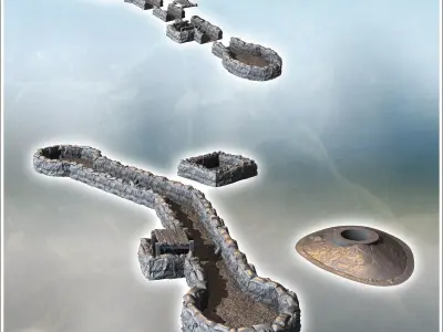 Set of modern trenches with wooden casemate and machine gun posi 3D print model