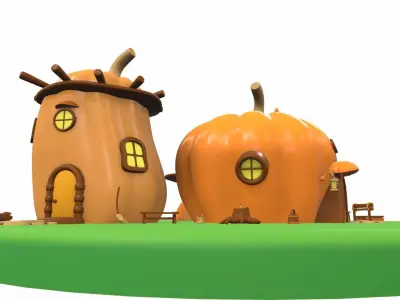 Cartoon pumpkin house and props 3D model