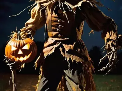 Scary Halloween Scarecrow Glowing Pumpkin Head Full Moon Low-poly 3D model