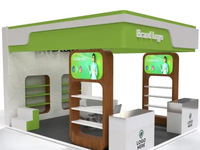Modern Green-Themed Display Booth with Wood Accents and Lighting 3D model