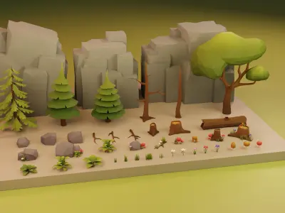 Low Poly Cartoon Trees Grass Plants and Rocks Low-poly 3D model