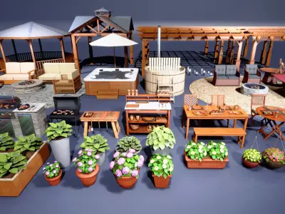 Backyard Patio furniture and props Low-poly 3D model