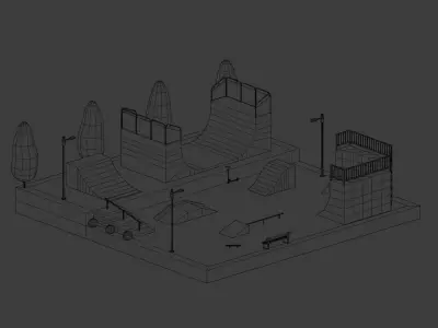 Skatepark set of stairs with railing Low-poly 3D model