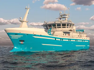  Modern Fishing Boat Light Blue Rigged for Cinema 4D 