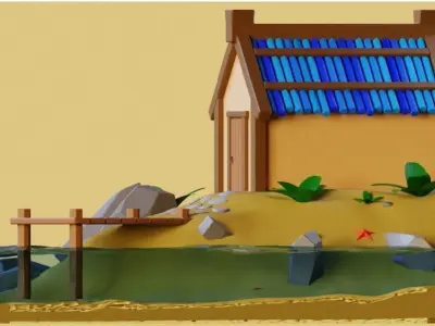 A house on the beach with a pier 3D model