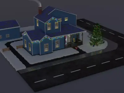Winter house with tree Low-poly 3D model